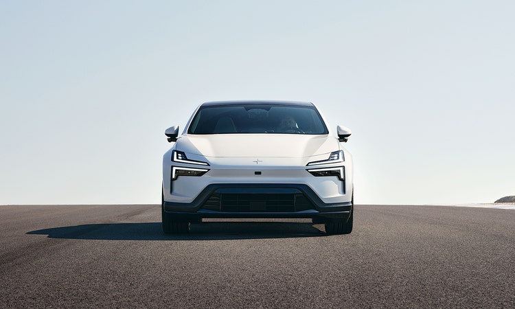 Polestar 4 exterior front view in the middle of the road. Contact Maxxia novated leasing team today on Polestar novated lease.