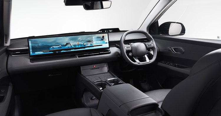 Hyundai Elexio interior front view with head-up display and a 27-inch ultra-widescreen display available on a novated lease through Maxxia in Australia.