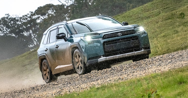 Toyota RAV4 front exterior view under the rain available for a novated lease with Maxxia.