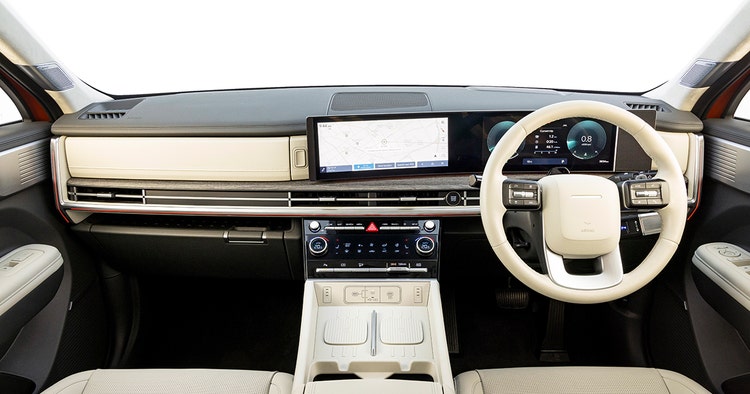 Hyundai Santa Fe infotainment screen front interior view. Novate a Hyundai Santa Fe today through Maxxia novated leasing.