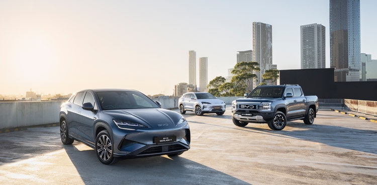 BYD models and Denza on roof top parking lot available for a novated lease with Maxxia