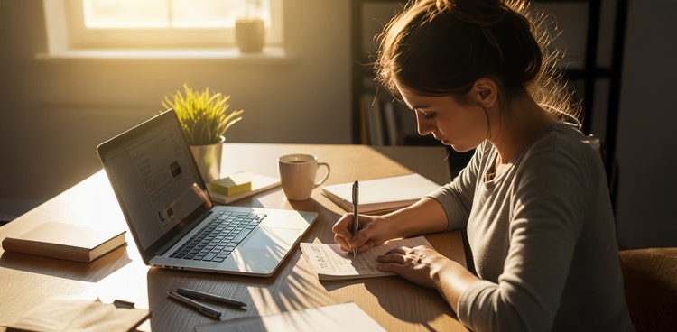 An employee is taking notes in front of her laptop at home.
