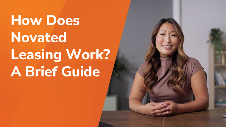 How does novated leasing work? A brief guide title and a woman smiling.