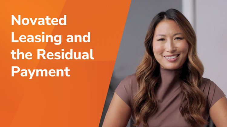 Novated leasing and the residual payment title and a woman smiling.