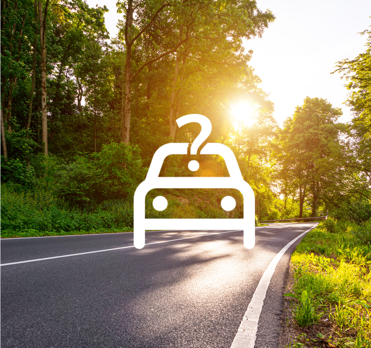 Car icon with question mark on top of a road. Find out how you could get the best car deals through our dealer partnerships.