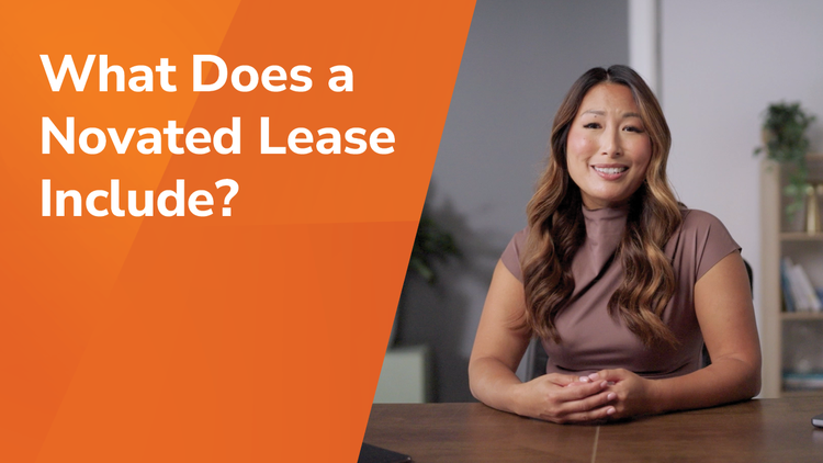 What does a novated lease include title and a woman smiling.