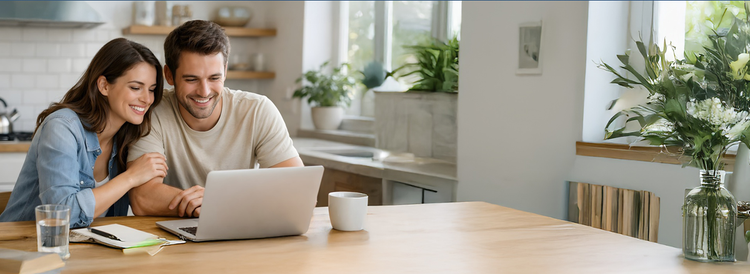 A couple smiling looking at their laptop. Contact Maxxia Salary Sacrifice team today and you could save on tax.