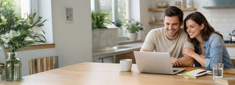 A couple smiling looking at their laptop. Contact Maxxia Salary Sacrifice team today and you could save on tax.